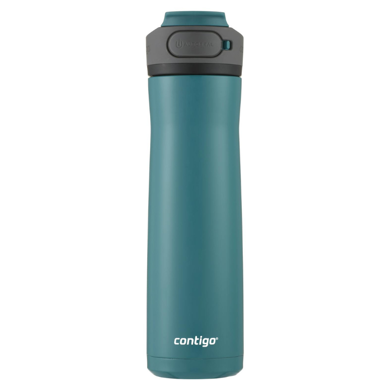 A teal 24oz Contigo Stainless Steel Water Bottle with a gray Autoseal lid designed to prevent spills.