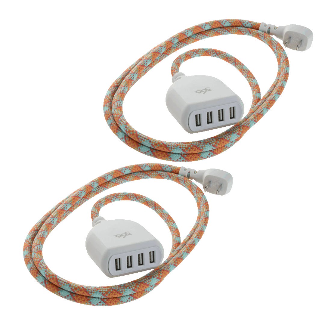 Two braided charging cables with four USB ports each, featuring a colorful orange and teal pattern and slim plug design.