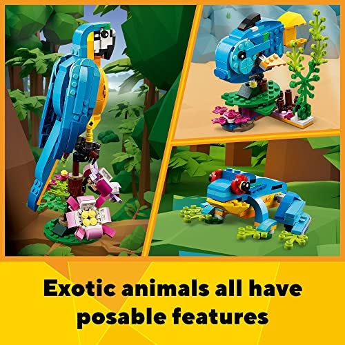 The image showcases a Lego Creator 3-in-1 set which can be built into three different exotic animal models: a parrot, fish, and frog, all with posable features.