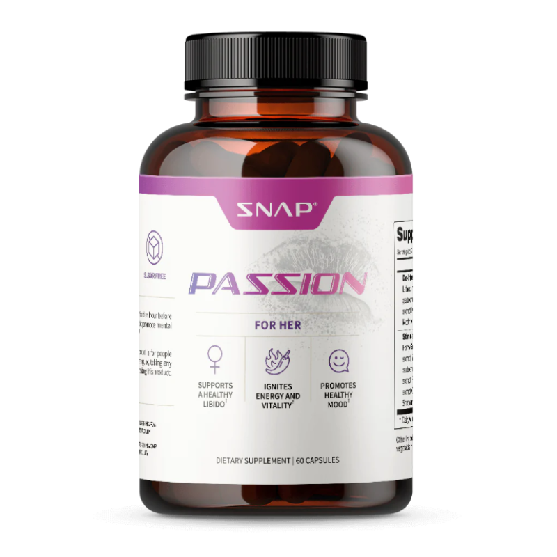 SNAP Passion for Her is a dietary supplement with 60 capsules designed to support a healthy libido, ignite energy and vitality, and promote a healthy mood. It is sugar-free.