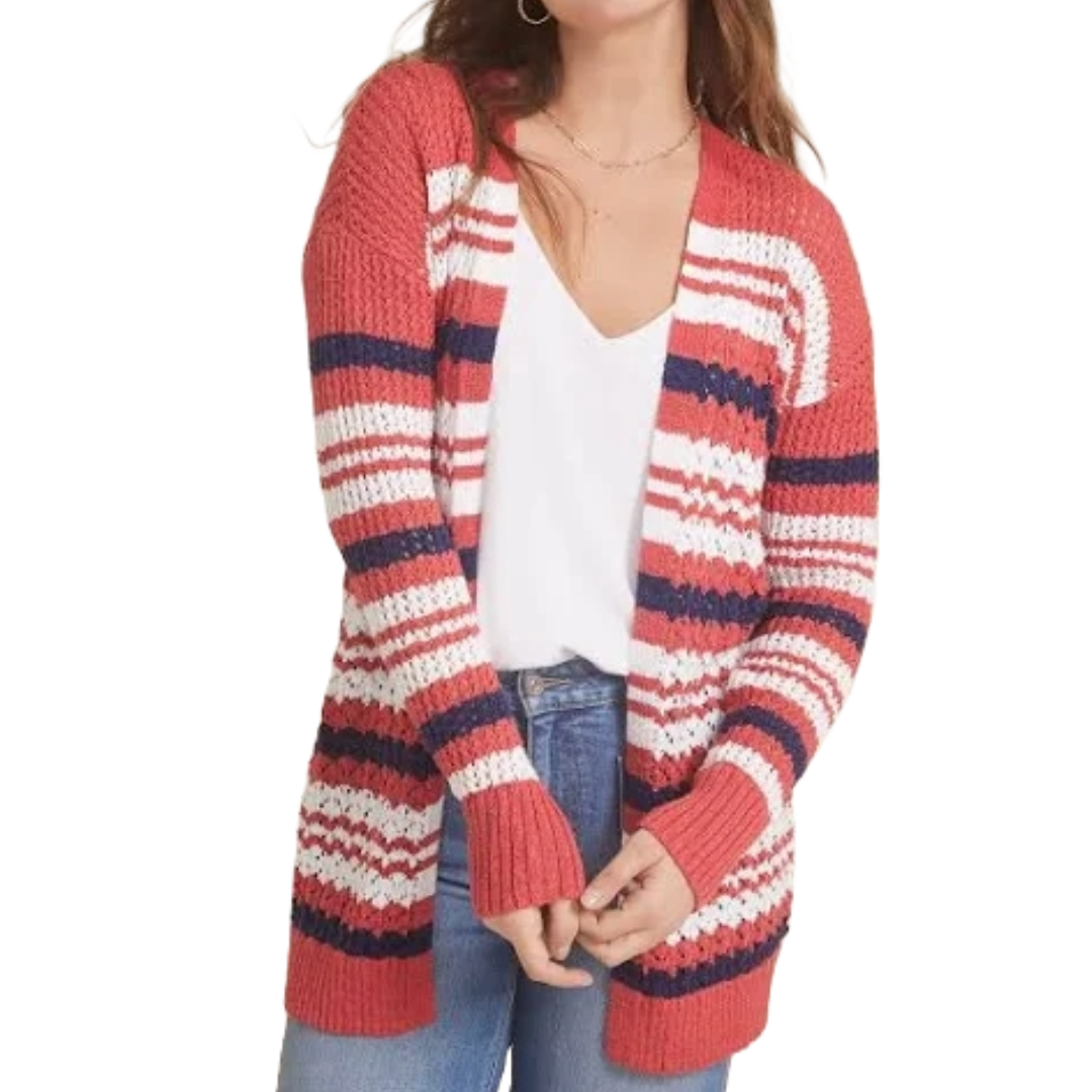 A cozy open-front cardigan with red, white, and navy horizontal stripes and a textured knit design, paired with a white top and denim jeans.