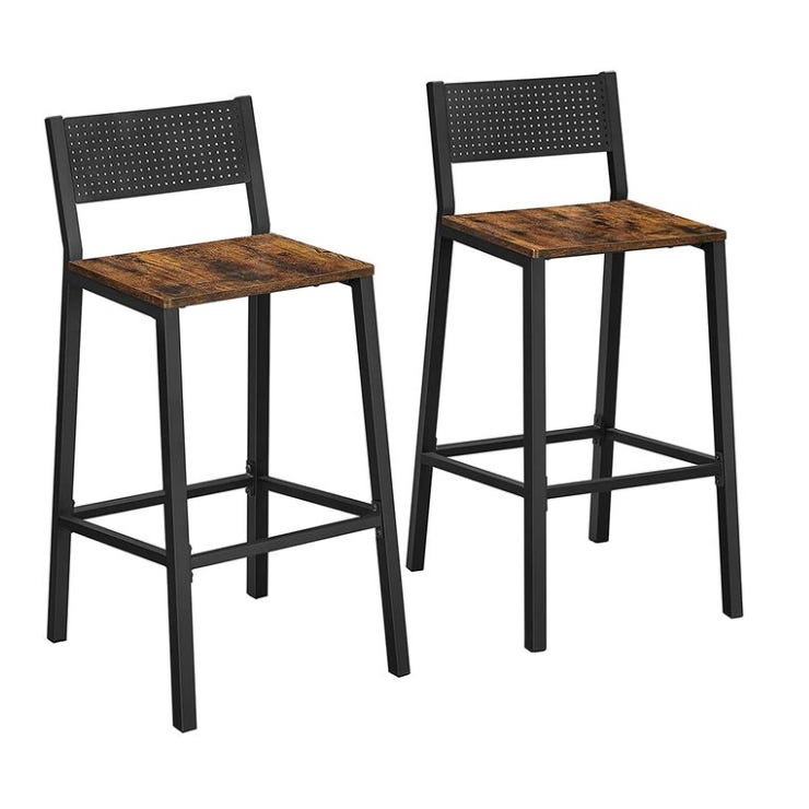 Two industrial-style bar stools with perforated metal backs, dark wooden seats, and black metal frames featuring footrests.