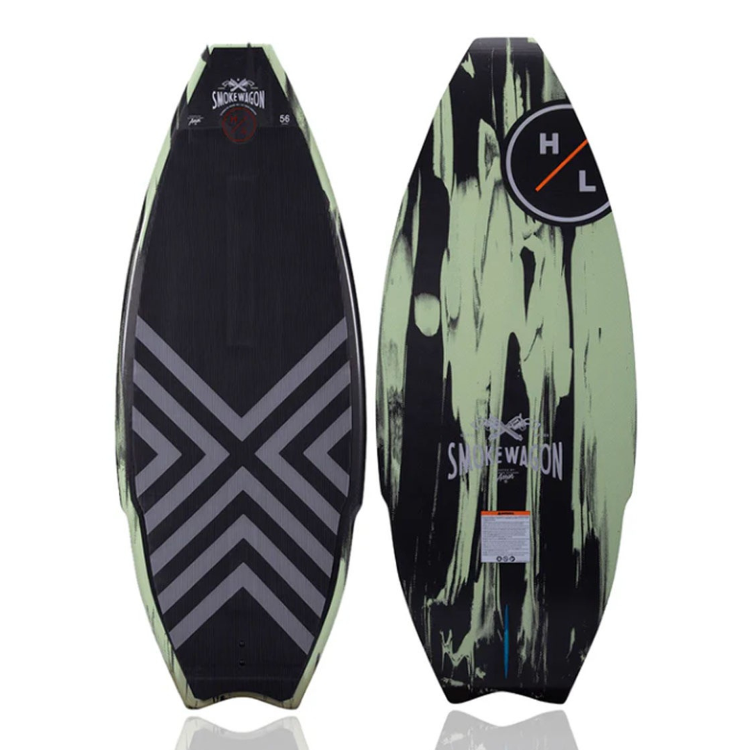Two surfboards with green and black patterns, labeled \“Smoke Wagon.\“ One side features chevron stripes, and the other has an abstract design with an \“H/L\“ logo.
