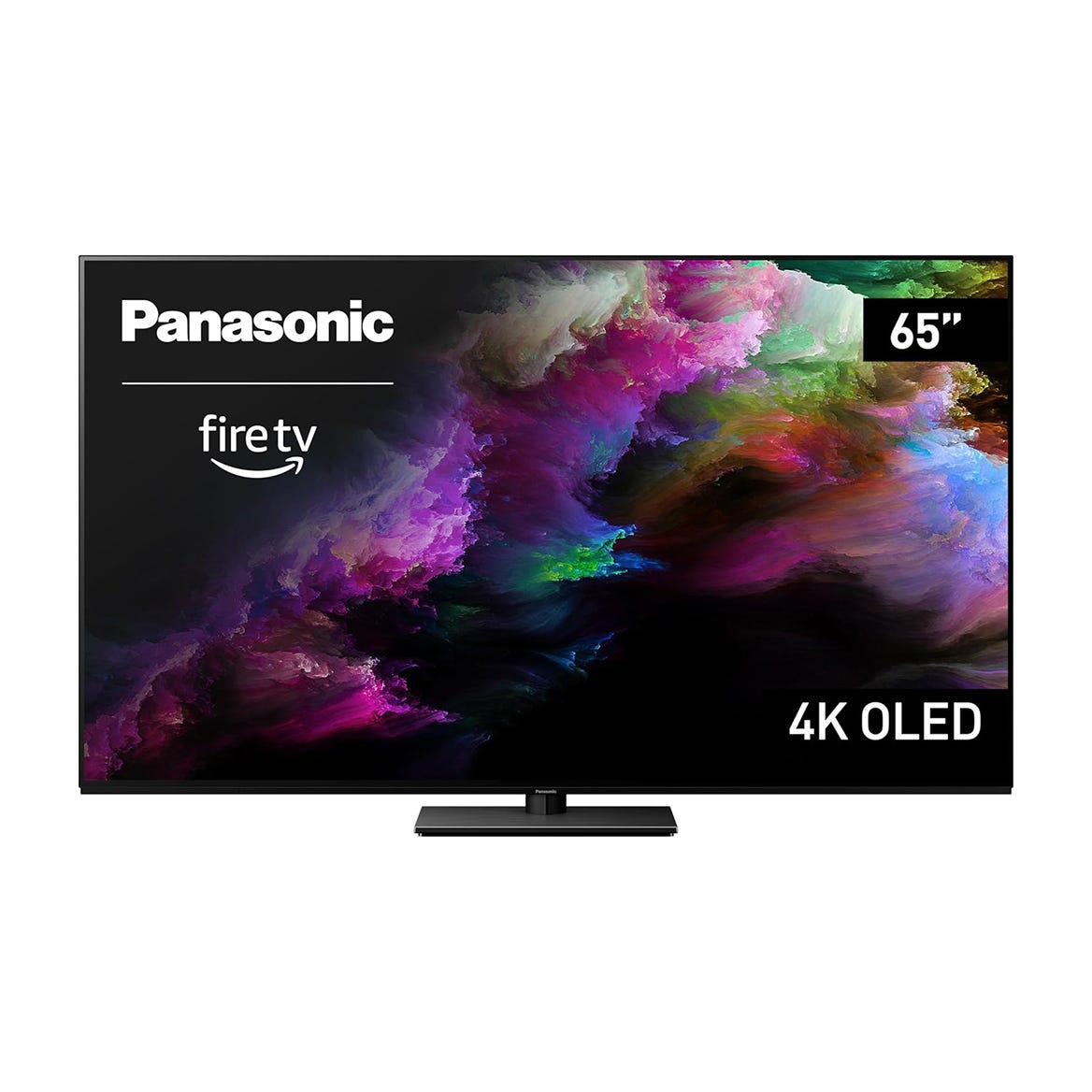 Panasonic 65\“ 4K OLED TV with Fire TV built-in, featuring a vibrant abstract color display.