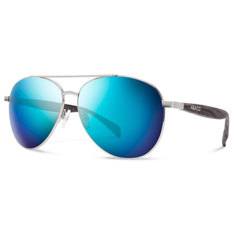 Abaco aviator sunglasses with reflective blue lenses and a silver metal frame, featuring gray marbled temples and nose pads.