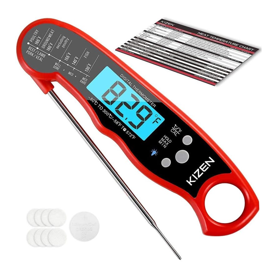 A red digital food thermometer with an LCD screen, temperature probe, and buttons, accompanied by a meat temperature guide and batteries.