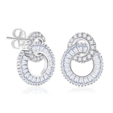 Pair of intertwined circular earrings featuring silver accents and embedded small clear stones, designed with a post and butterfly clutch back.