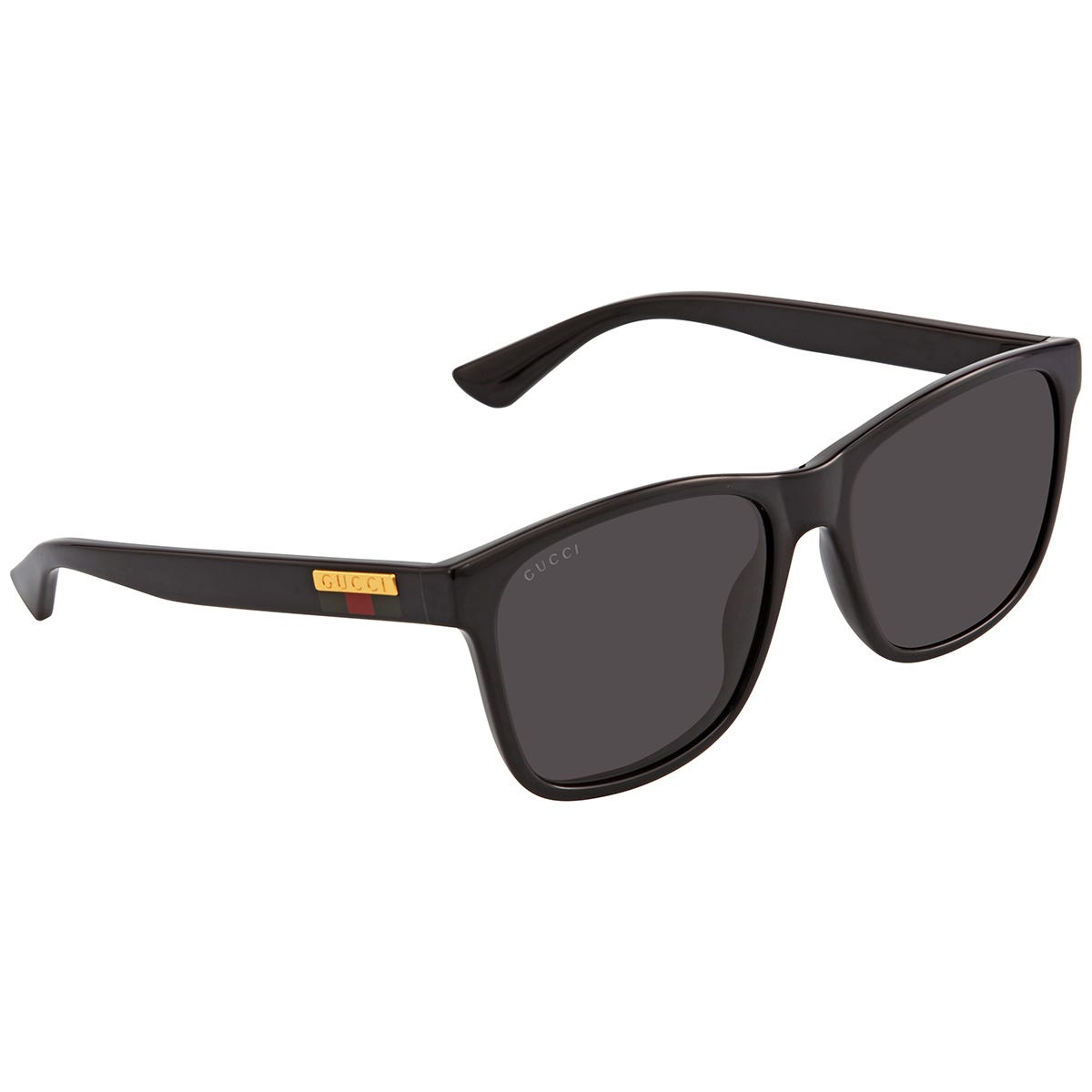 Black Gucci sunglasses with dark lenses and a gold logo on the temple.