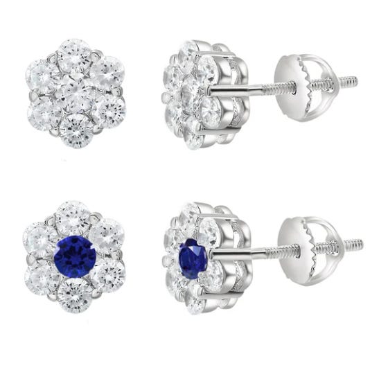 Floral-shaped stud earrings with clear stones are displayed, including a variation featuring a blue center stone, shown from both top and side views.