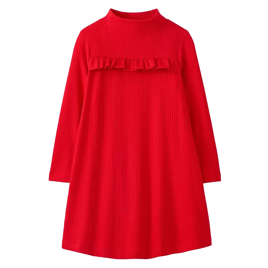 A vibrant red mock turtleneck dress with long sleeves, featuring ribbed texture and a ruffled detail across the chest.