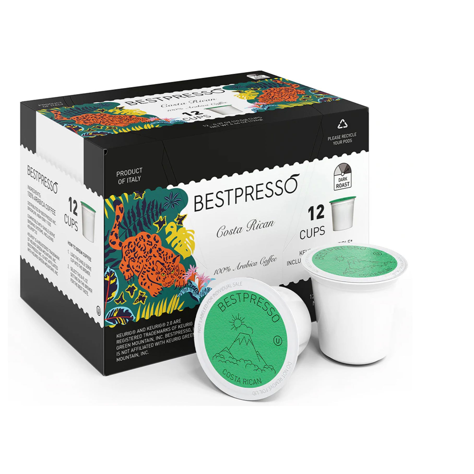 A box of Bestpresso Costa Rican coffee pods with a tropical design, alongside a single pod, contains 12 units for Nespresso OriginalLine machines.