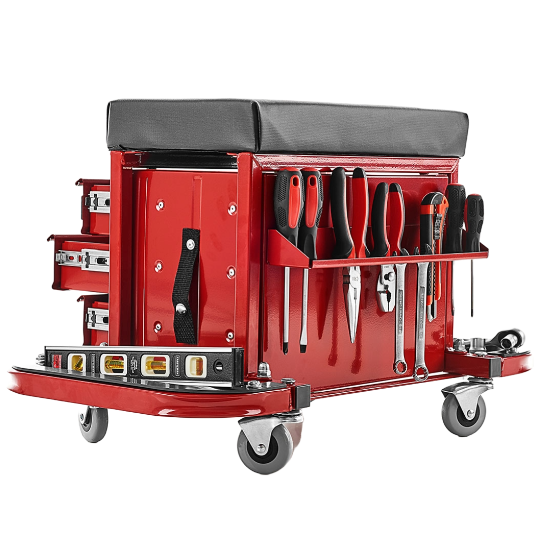 Red rolling toolbox stool with a cushioned seat, featuring caster wheels for mobility. It has multiple tools attached, including screwdrivers, pliers, and a level, with drawers on the sides for additional storage.