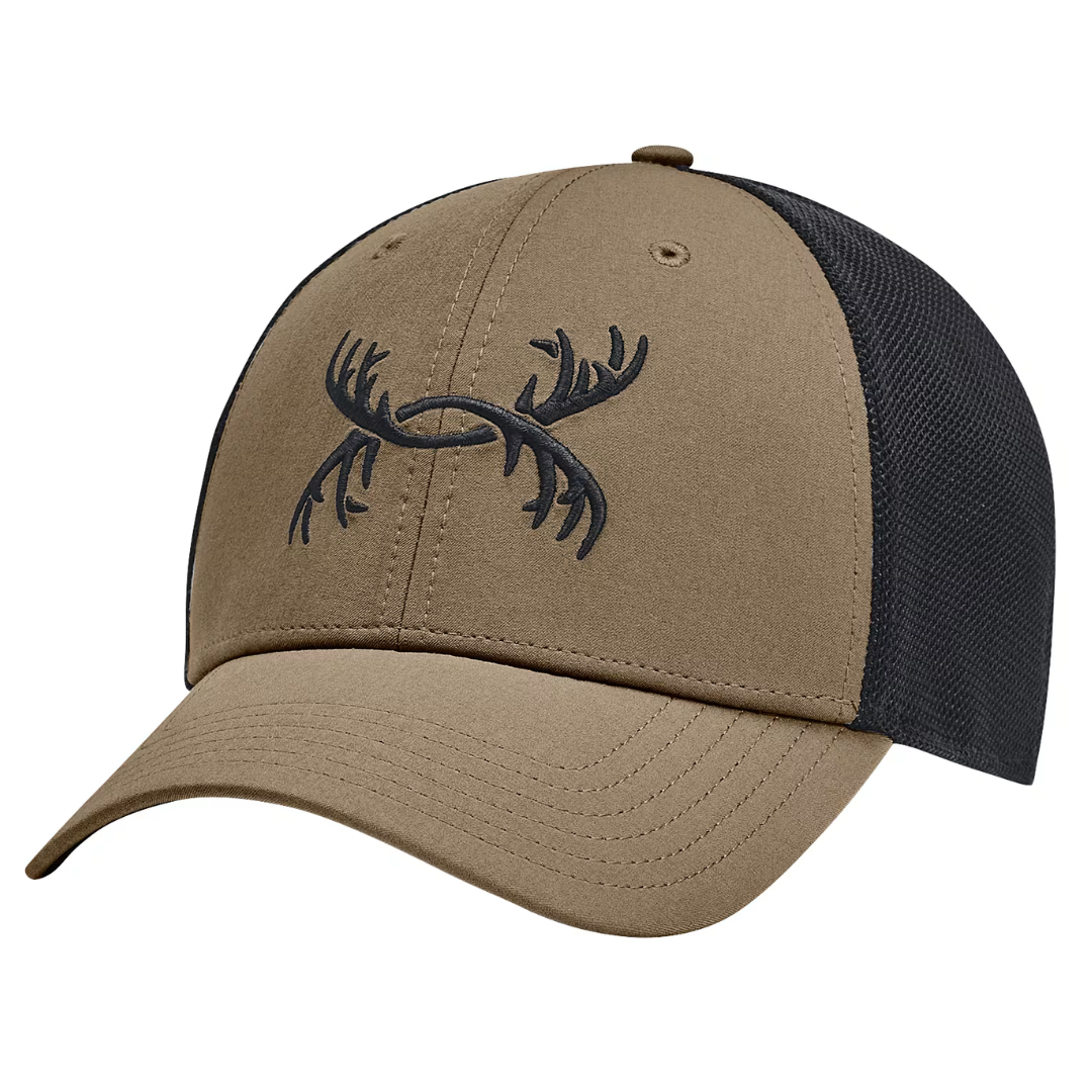 Under Armour Antler Hat features a brown front with an embroidered antler logo and black mesh back panels, offering a casual and breathable design.