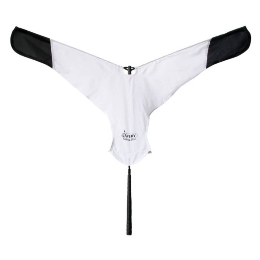 This is a snow goose flag decoy with a white body, black wingtips, and a central pole for handling.