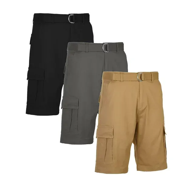 Three pairs of men's cargo shorts in black, gray, and tan, featuring multiple pockets and belt loops.