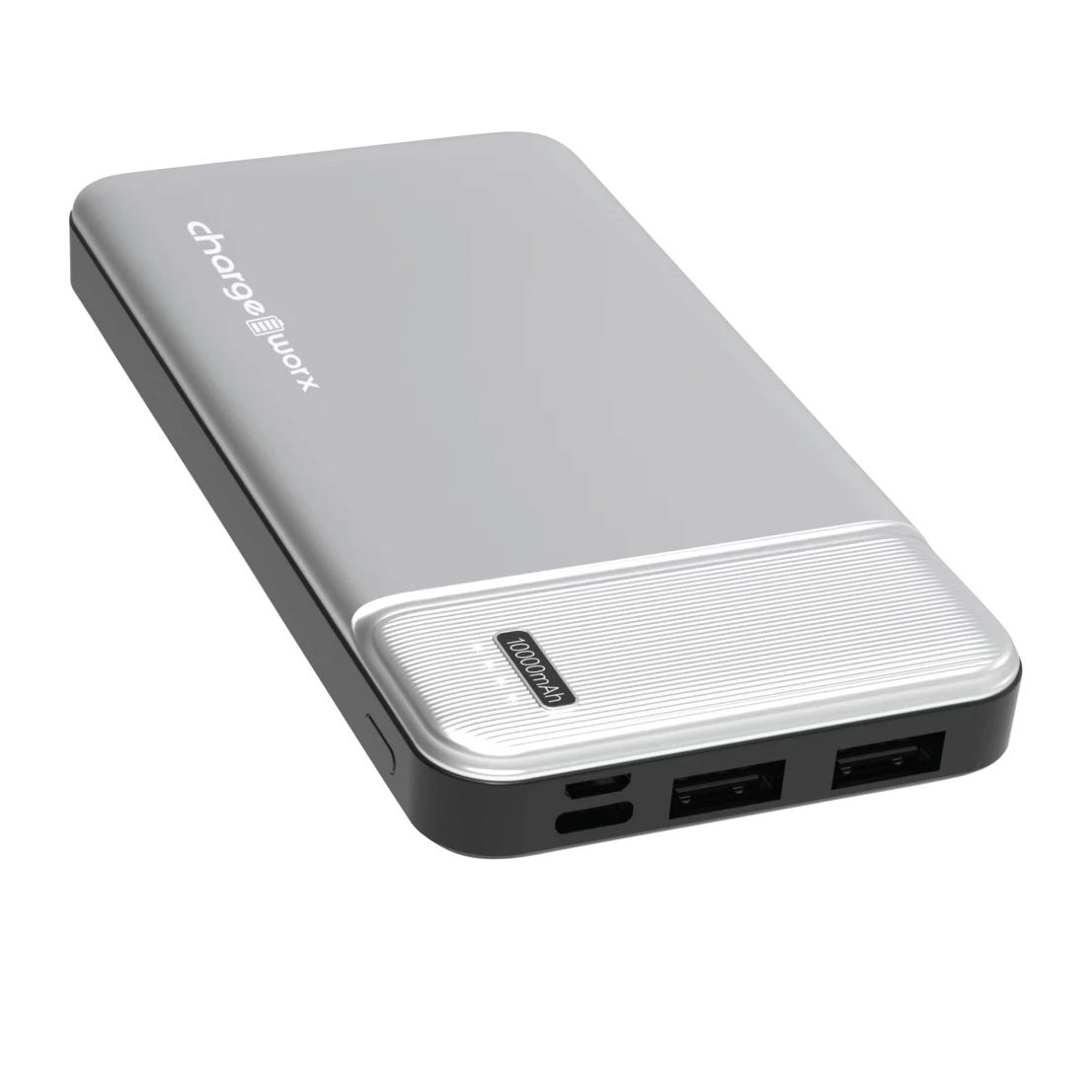 A slim, silver power bank with a 10,000 mAh capacity, featuring dual USB ports, allowing simultaneous charging of multiple devices.