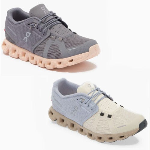 Two pairs of athletic shoes in gray and pale blue with a distinctive chunky sole design.