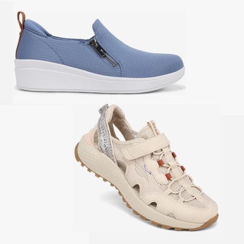 Two pairs of women's shoes: a blue slip-on sneaker with a zipper and a beige sandal with hook-and-loop straps.