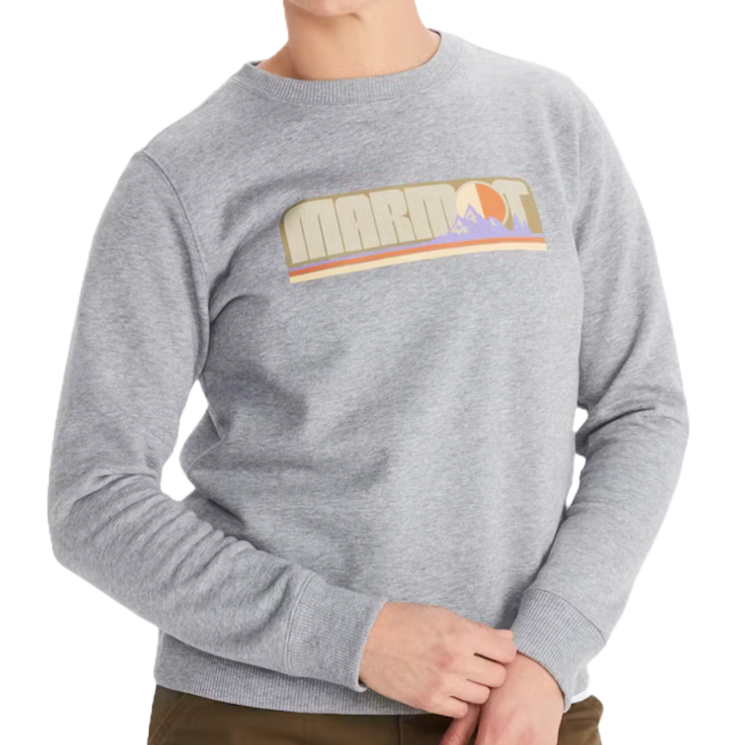 A gray crew neck sweatshirt featuring the Marmot logo with a mountain and sun graphic on the front, paired with ribbed cuffs and hem.