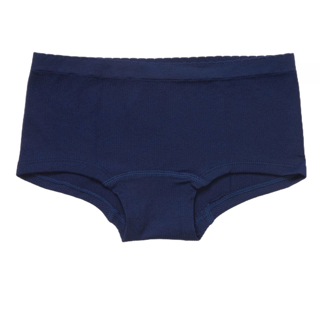 Navy blue, mid-rise boyshort-style panties with a ribbed texture, featuring an elastic waistband and leg openings for comfort.
