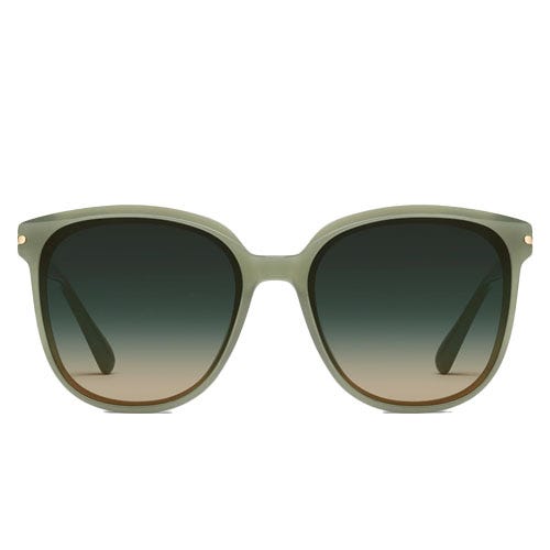 A pair of oversized sunglasses with a muted green frame and gradient lenses, featuring a classic square shape.