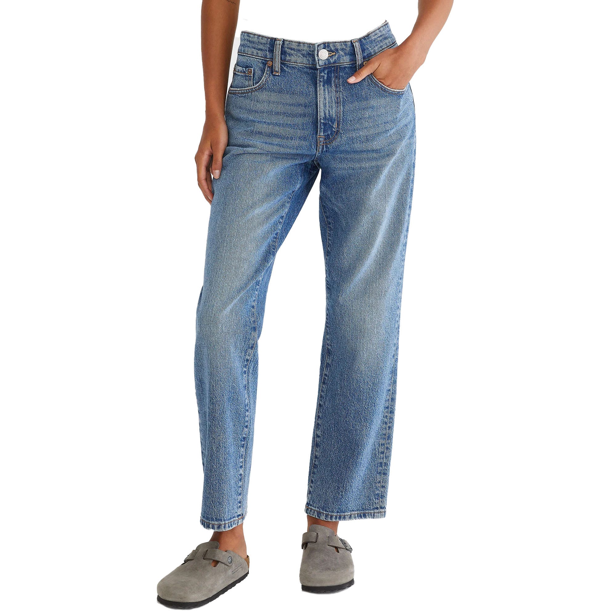 Mid-rise blue ankle jeans with a straight fit, featuring classic five-pocket styling and belt loops. Paired with gray suede clogs.