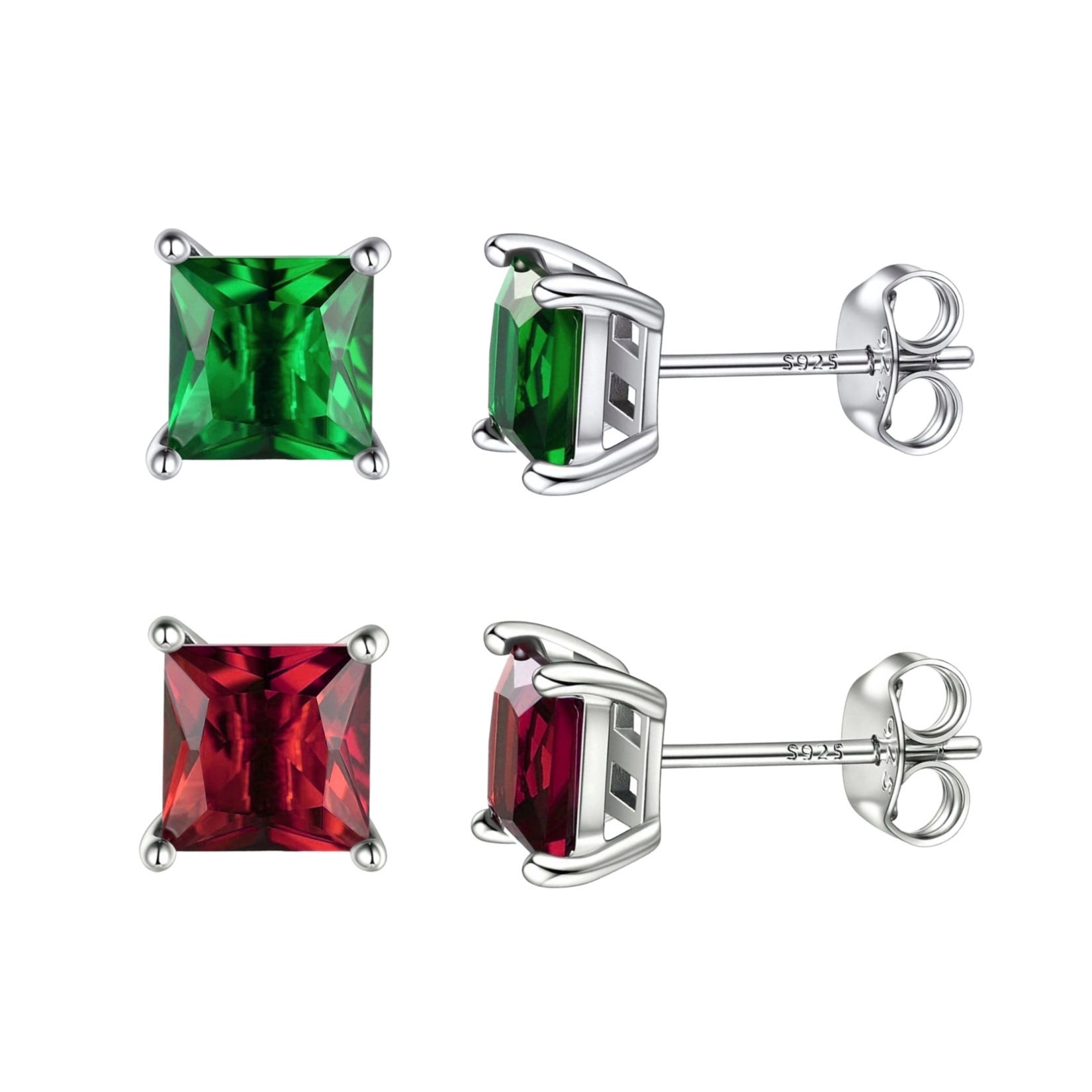 A pair of sterling silver stud earrings featuring square-cut gemstones in green and red, set in prong settings with butterfly backings, marked with \“S925\“ for silver authenticity.