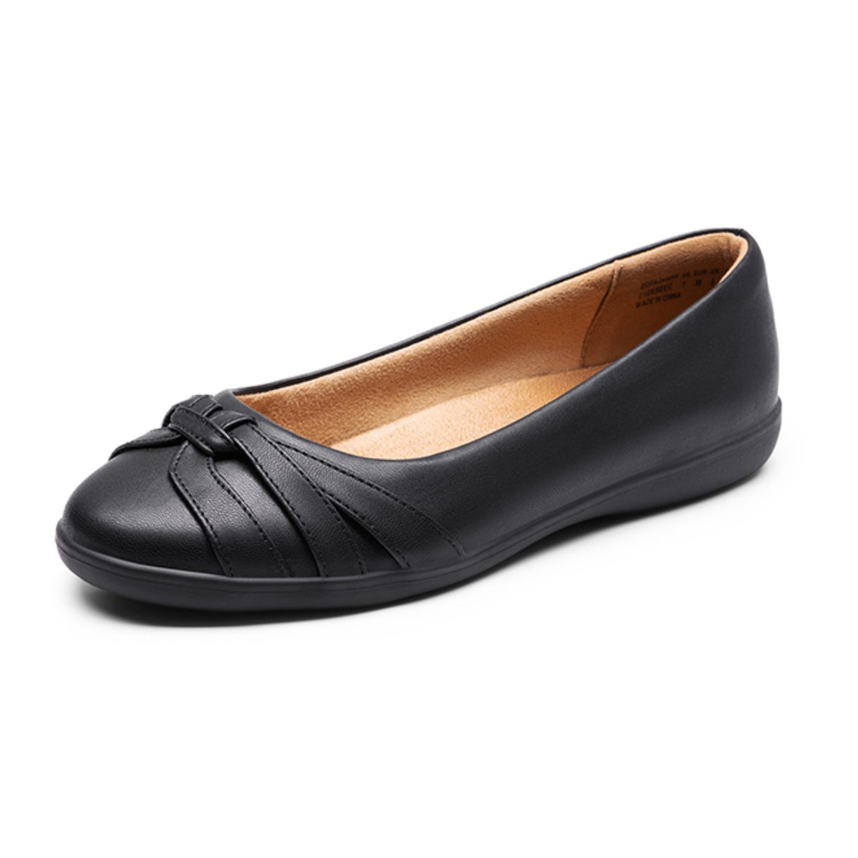 Black leather ballet flat with a decorative knot detail on the toe.