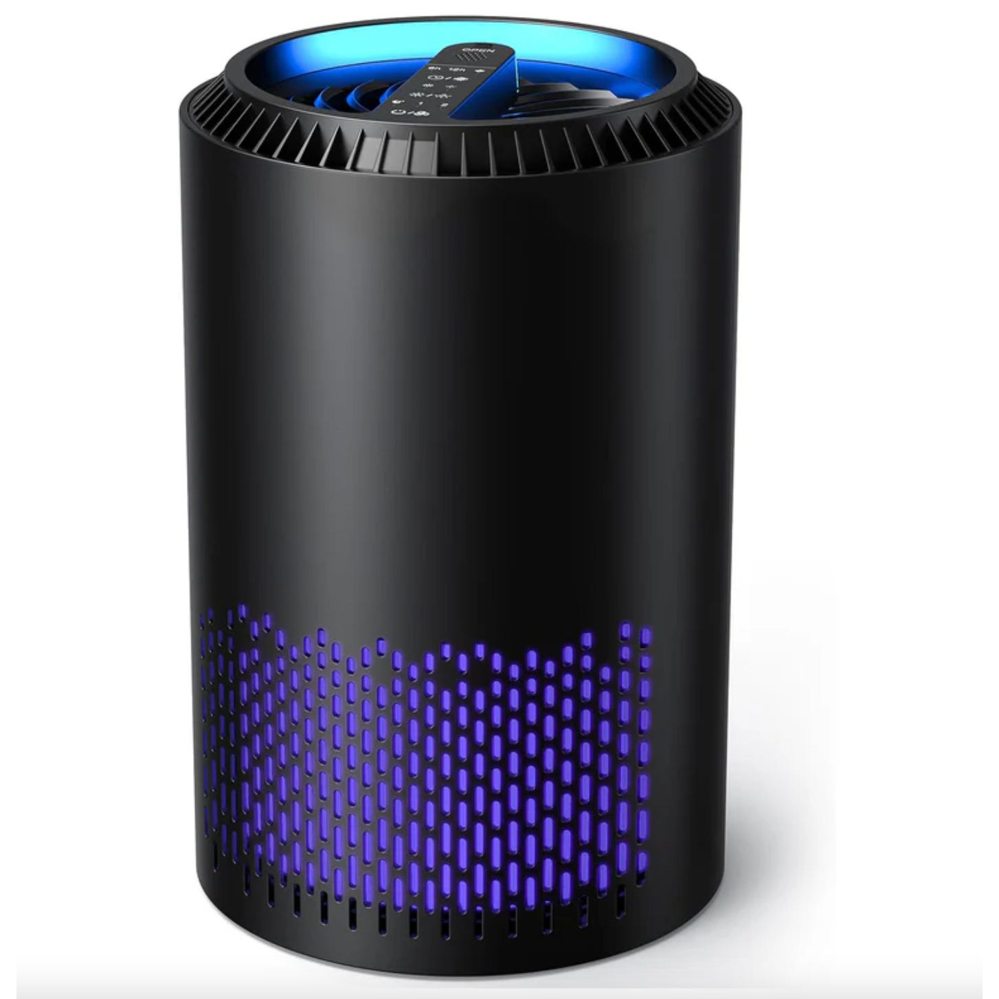 Cylindrical black air purifier with a blue-lit top control panel and purple-lit lower section for air output.