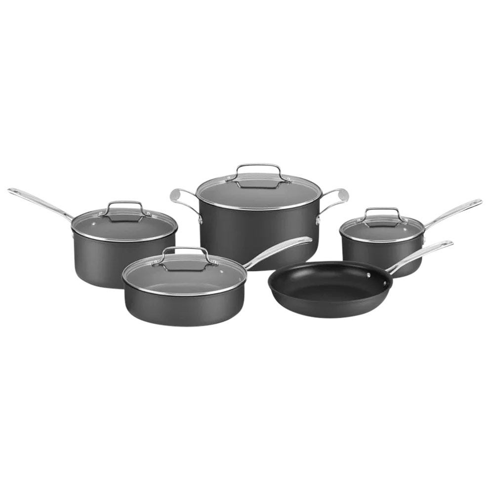 Cookware set featuring a lidded stockpot, two saucepans with lids, a sauté pan with lid, and an open frying pan, all with metal handles.