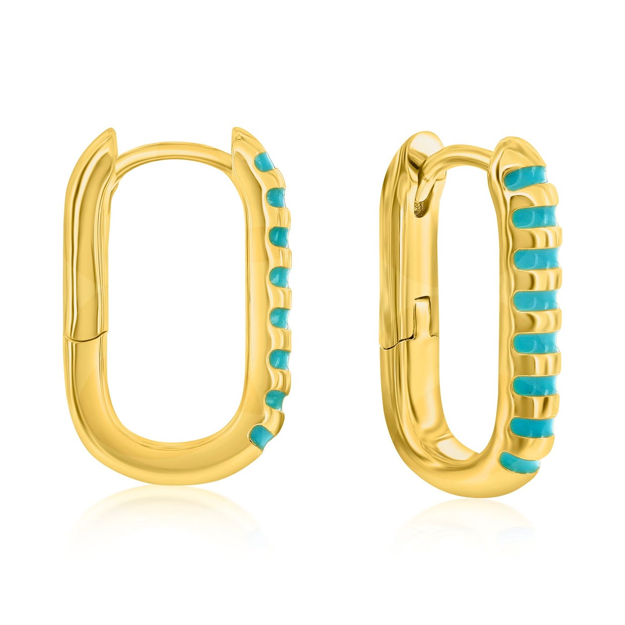 Gold hoop earrings with a row of turquoise accents along one edge.