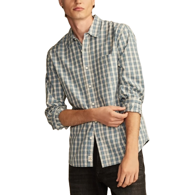 A blue and white plaid poplin shirt from Lucky Brand, featuring a classic button-front design with a left chest pocket and long sleeves, partially rolled up.