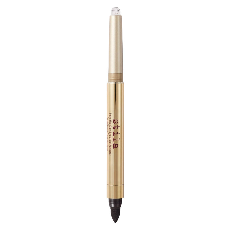 The Save the Day Eye & Lip Perfecter by Stila is a dual-ended tool with a gold body designed for enhancing eyes and lips. One end features a precision tip, while the other has a smudger for blending.