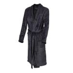 A plush, long-sleeved men's robe in a deep navy color with a shawl collar, a self-tie belt at the waist, and front pockets.