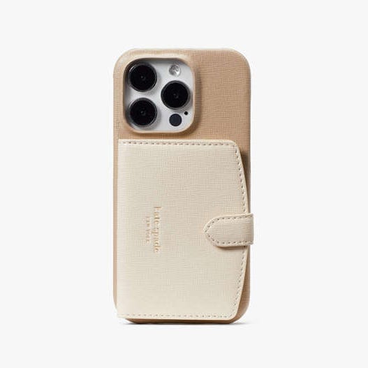 A beige iPhone case with card holder attached to the back.