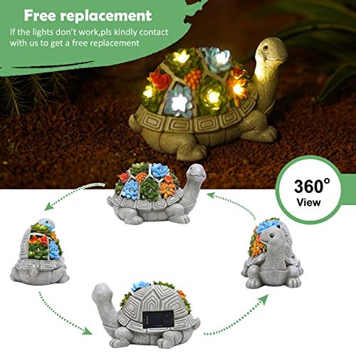 A solar-powered turtle garden statue with a light-up shell adorned with flowers and butterflies, shown from multiple angles.