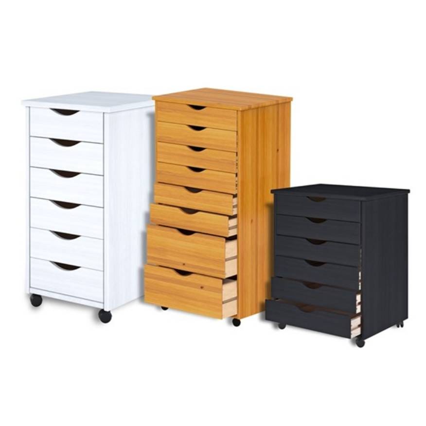 Three drawer units in white, natural wood, and black, each with multiple drawers and wheels.
