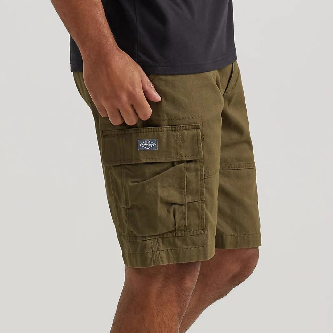 Olive green cargo shorts with a logo patch on the side pocket.