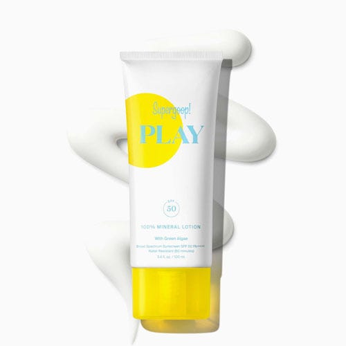 A tube of Supergoop! PLAY SPF 50 mineral sunscreen lotion with a white and yellow design.