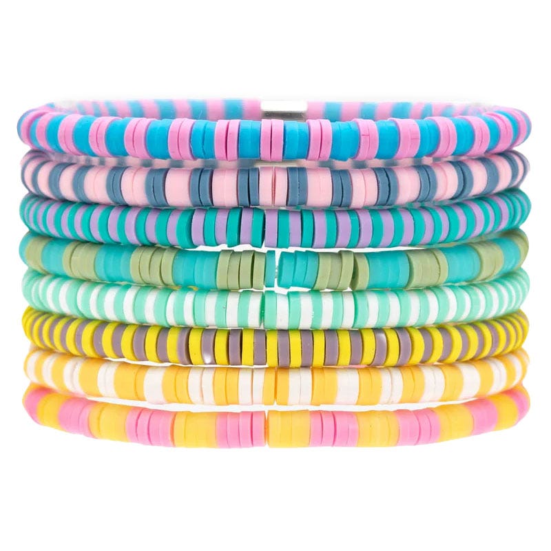 A set of eight vibrant, stackable bracelets made of flat, multicolored beads, featuring shades of blue, pink, green, yellow, and more, creating a playful and casual look.