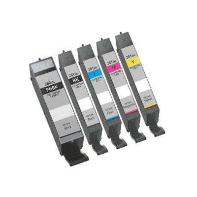 Canon 280 XXL Ink Cartridges include a set of five cartridges: PGBK (Pigment Black), BK (Black), C (Cyan), M (Magenta), and Y (Yellow), designed for high-capacity printing with vibrant and crisp results.
