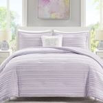 A lavender bedding set with textured stripes, including a comforter and decorative pillows, displayed on a bed with a matching headboard.