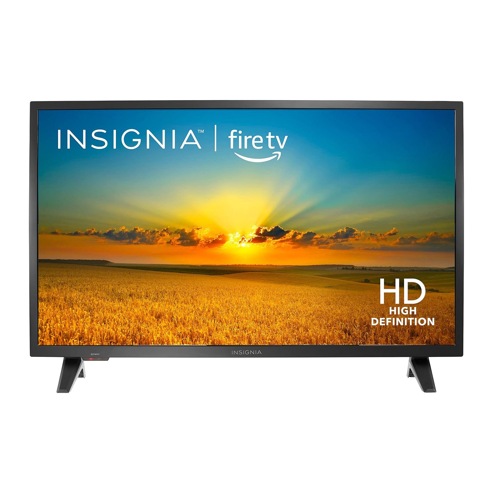 An Insignia television with Fire TV capabilities displaying a sunset scene.