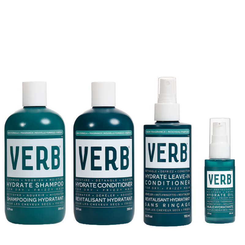 Verb Products 4pc Hydrate Hair Bundle includes Hydrate Shampoo, Hydrate Conditioner, Hydrate Leave-In Conditioner, and Hydrate Oil, designed for dry, frizzy hair, featuring nourishing and moisturizing benefits.