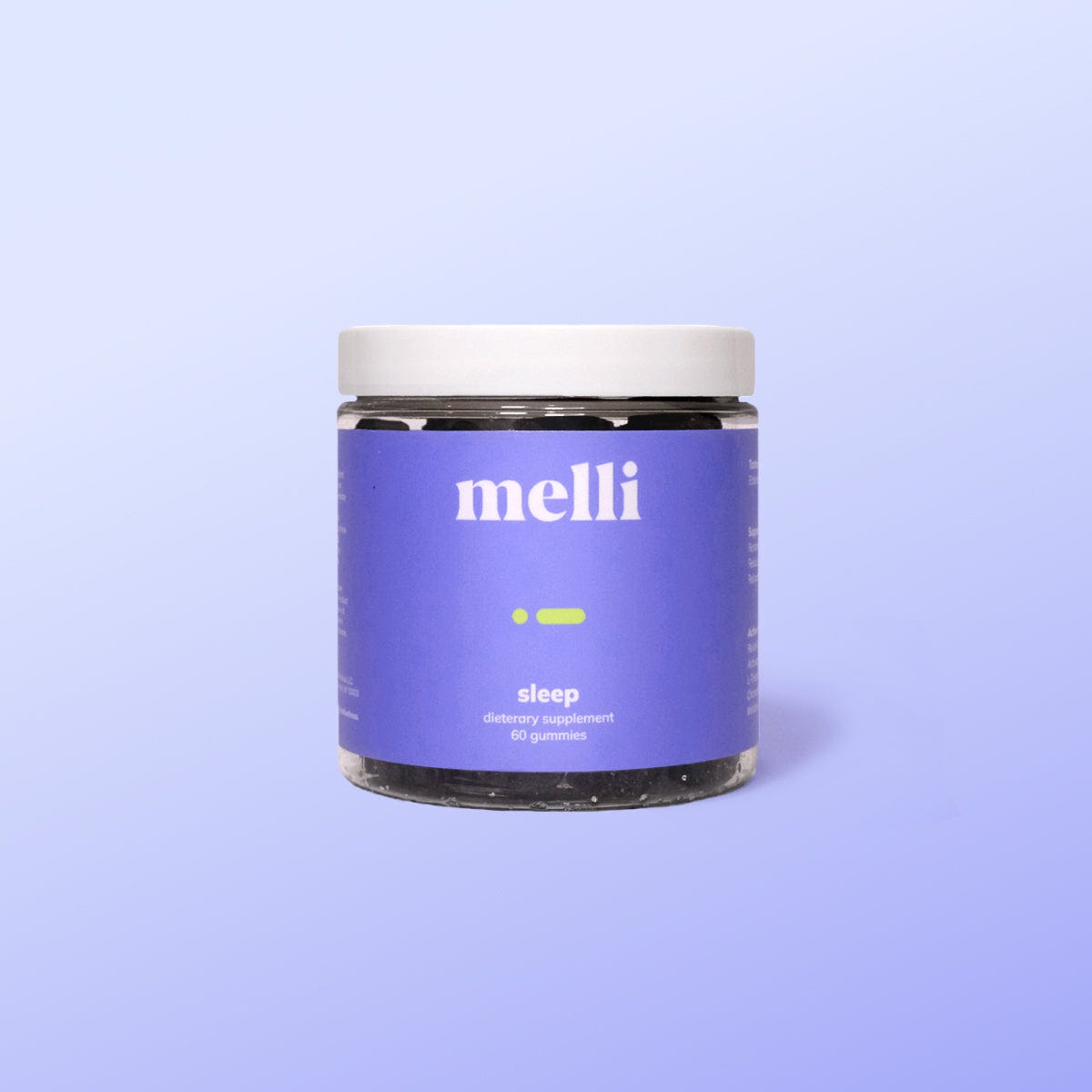 A jar labeled \“melli\“ with additional text \“sleep\“ indicating it contains sleep aid gummies is set against a solid blue background.