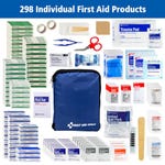 A variety of first aid supplies including bandages, pads, scissors, tapes, and cold packs are displayed, all contained within a blue zippered pouch.