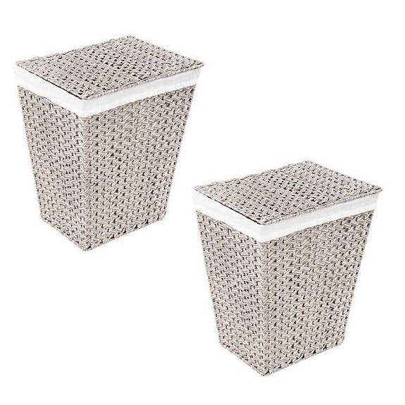 Two woven laundry hampers with lids.