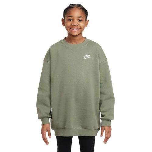 A child wearing an oversized olive green Nike sweatshirt with a small white logo on the chest.