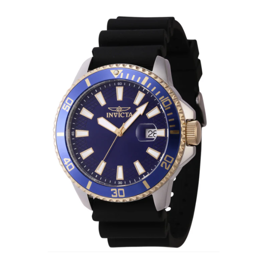 Invicta men's watch with a blue dial, gold and white markers, a date window, a blue and gold rotating bezel, and a black rubber strap.