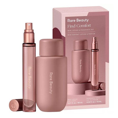 Rare Beauty Find Comfort Mini Lotion & Fragrance Set includes a body lotion (95 mL) and a fragrance spray (10 mL) in a pink-toned packaging.